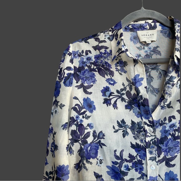 SEZANE Blue & White Floral Printed Lightweight Silk Button Down Pierro Shirt - Picture 4 of 15